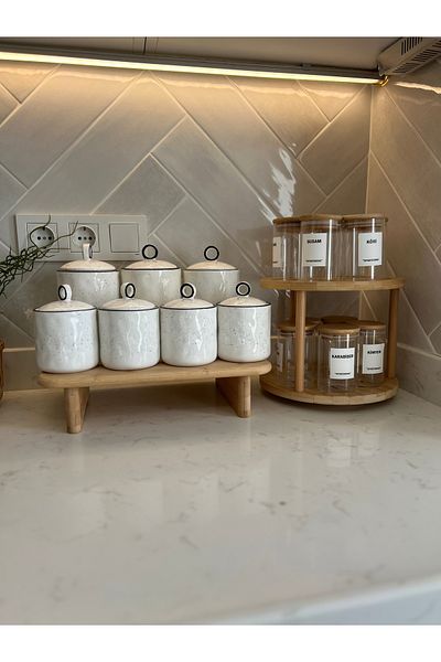 Sade Hediye 3-Piece and 4-Piece Porcelain Vacuum Lid Spice Rack Set - Bamboo Stands/12-Piece Rotating Stands Bamboo Spice Rack