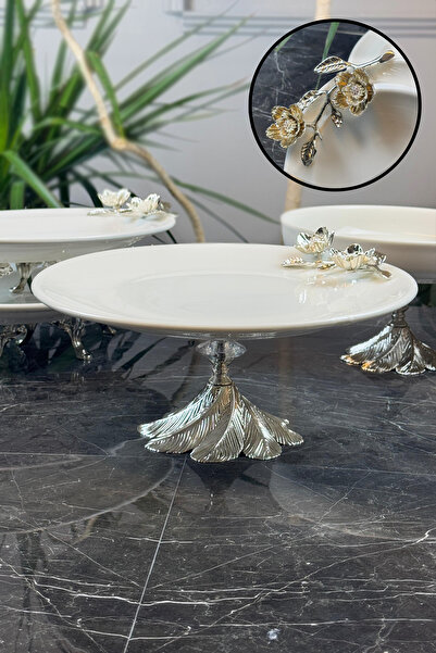 MAY HOME 4 Parça Firuze Porselen Metal Ayaklı Sunum Servis Seti &Tabak Kase Meze Kayık Seti