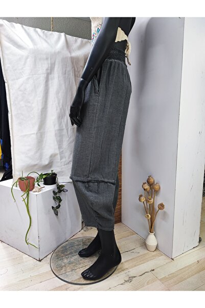 Sosyete Kaplumbağa Organic Cotton Linen Baggy Trousers with Pockets and Ripped Leg Detail