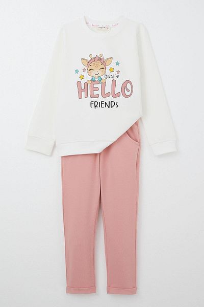 Breeze Giraffe Printed Cute Girl's Tracksuit Set - 2-6 Years, Ecru