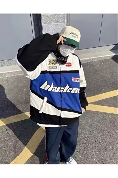 Köstebek Blackair Motosport Mavi Beyaz Baskılı Fermuarlı Paraşüt Ceket