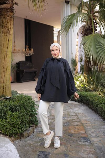 Nergis Neva Butik Pleated Tunic with Scarf Collar