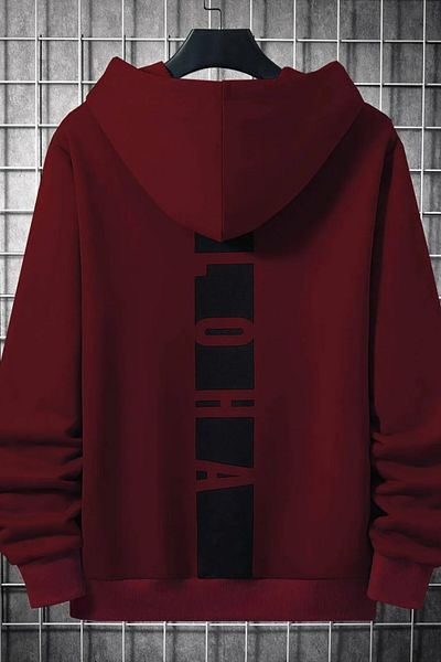 Black Sokak Burgundy Back Aloha Printed Oversize Hooded Men's Sweatshirt
