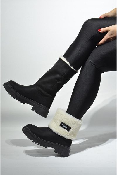 KunduraHane Fur Lined Boots Foldable Boots Suede Boots