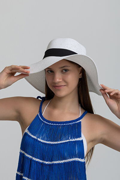 Luminos Butik Λευκό Φαρδύ Ψάθινο Καπέλο - Λεπτομέρεια με φιόγκο HSR2081