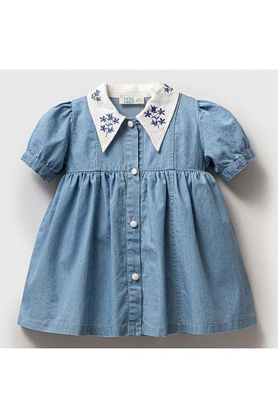 Minimely Baby Girl Embroidered Collared Denim Dress