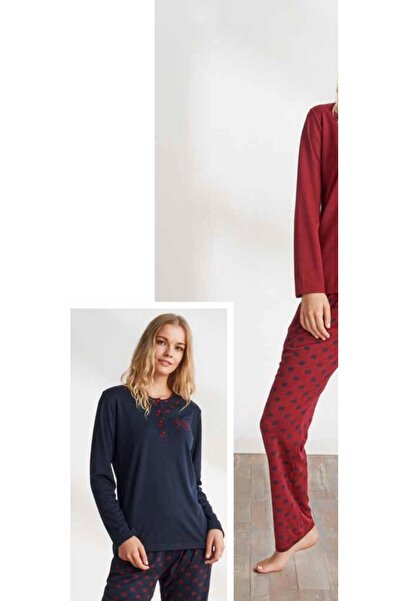 İpek Women's Long Sleeve Plus Size Thermal Pajamas Set-Navy Blue