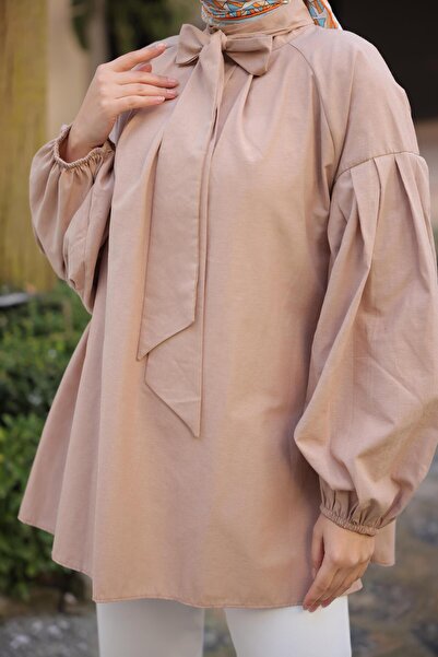 Nergis Neva Butik Pleated Tunic with Scarf Collar