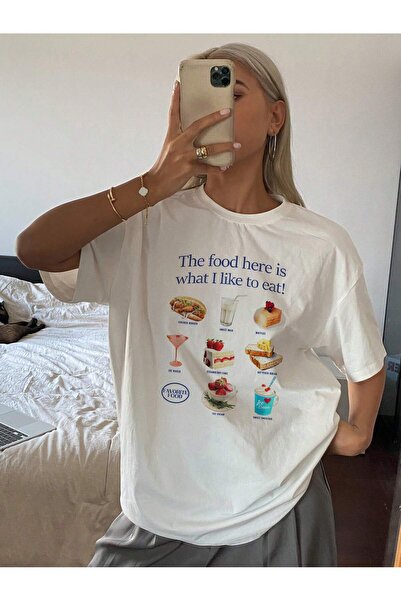 ALİKA Tricou alb The Food Illustrated Oversize pentru femei