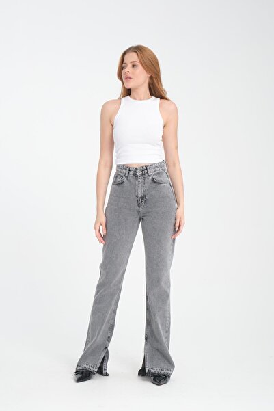 Store %100 Pamuk, Yüksek Bel, Geniş Paça Yırtmaç Detaylı Kadın Kot Pantolon