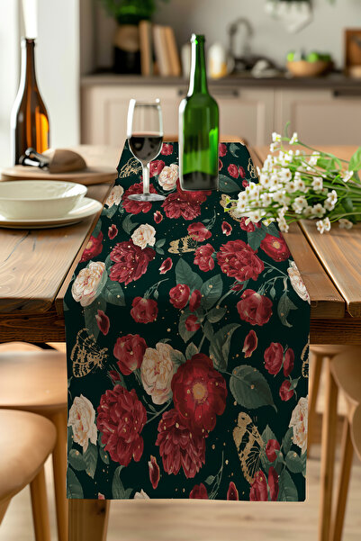 ALAMODECOR Βίντατζ Κόκκινο Τριαντάφυλλο Λεπτομερές Τραπεζομάντιλο με Έθνικ Μπ...