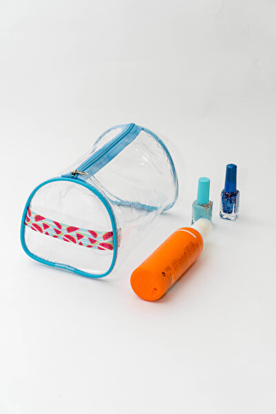 Rof Bag Karpuz Desen El Tutmalı Büyük Boy Mavi Şeffaf Tatil, Plaj, Kozmetik ,makyaj Ve Bakım Çantası