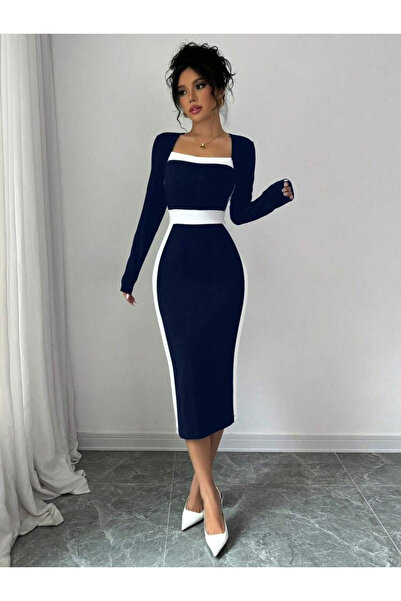 JANES Νέα σεζόν Γυναικείο μακρυμάνικο γιακά ανοιχτό Midi φόρεμα κρεπ εισαγωγής