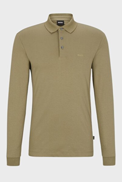 BOSS Men Regular Fit Brand Logo Long Sleeve Polo Shirt, Olive