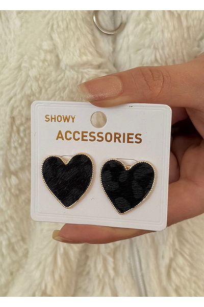 takıtarzım Velvet Black Print Heart Women's Earrings