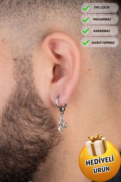 Piercing Market Steel & Silver Unisex Çelik Hilal Figürlü Halka Sallantılı Küpe Paslanma Kararma Yapmaz