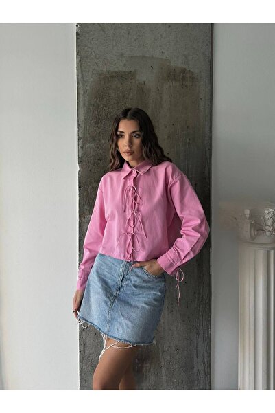 Lusin Γυναικείο ροζ κομψό πουκάμισο με δαντέλα με λεπτομέρειες