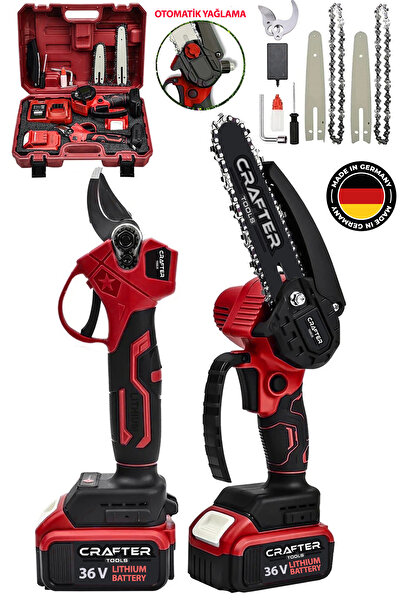 CRAFTERTOOLS Germany 36V 5Ah Çift Akülü Çelik Şanzıman Şarjlı Dal Budama Makası & Budama Testeresi
