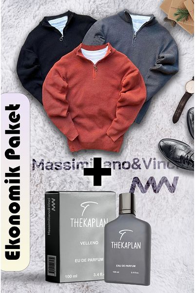 SR 3 Pcs Half Zip Knitwear Thessaloniki Sweater Black, Smoked, Tile and 100ml Classic Velleno Set