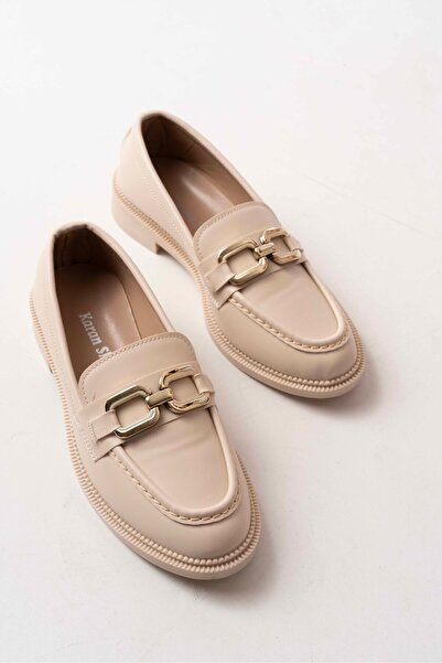 MIENCA Kadın Loafer Altın Rengi Kare Tokalı Bej Hafif Şık Günlük Ayakkabı