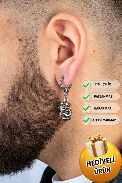 Piercing Market Steel & Silver حلقة فولاذية للجنسين من حجر الزركون المتدلي على شكل تنين لا تسبب الصدأ