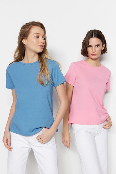 Trendyol Collection Indigo-růžová 100% bavlna 2-balení Basic Crew Pletené tričko s výstřihem TWOSS20TS0141