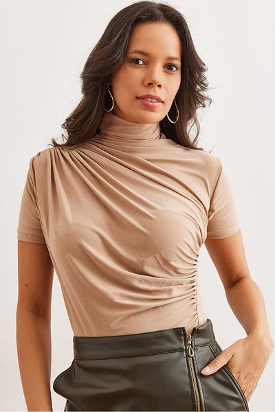 Olalook Women's Camel Drape Detail Short Sleeve Flowy Blouse Blz- 19002672