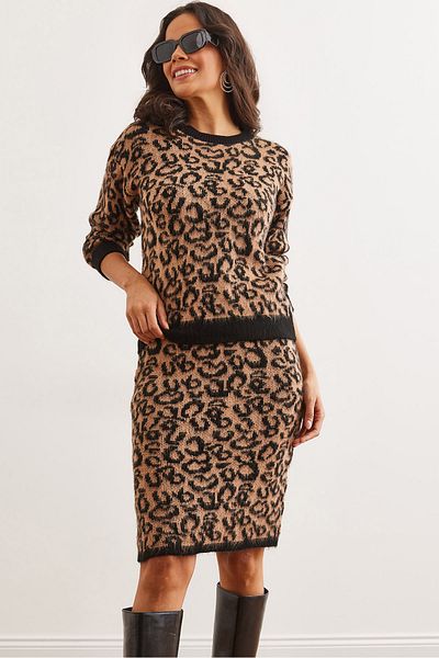 Olalook Women's Camel Bottom Top Leopard Knitwear Suit Tkm- 19000341