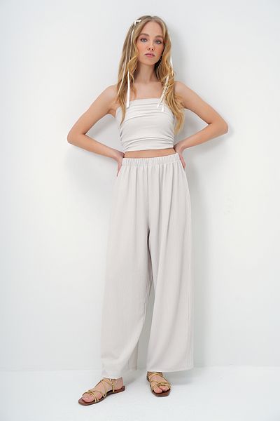Trend Alaçatı Stili Women's Stone Textured Side Draped Strapless Crop Blouse and Pants Suit Alc-X13410