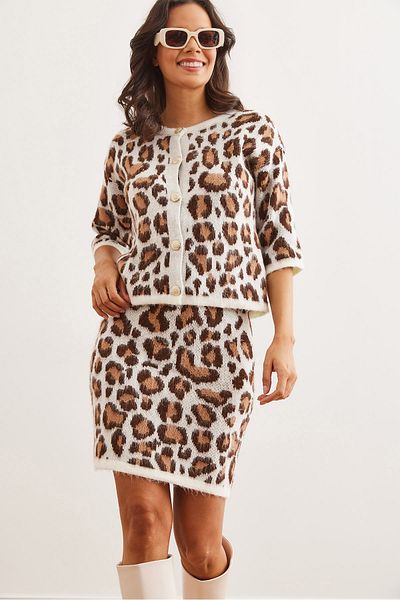 Olalook Ecru Leopard Print Women's Knitwear Set - Mini Skirt and Cardigan Tkm- 19000339