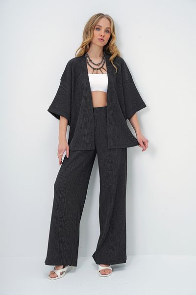 Trend Alaçatı Stili Women's Anthracite Double Sleeve Wrapped Fabric Summer Kimono and Pants Suit Alc-X13466
