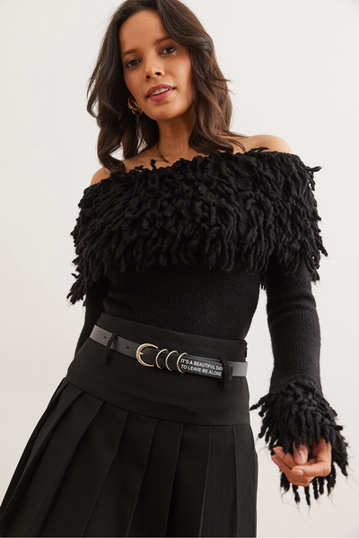 Olalook Women's Black Tassel Detailed Madonna Collar Knitwear Sweater Kzk- 19000951