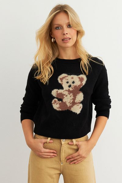 Cool & Modest Pulover negru pentru femei cu ursuleț MKED7429