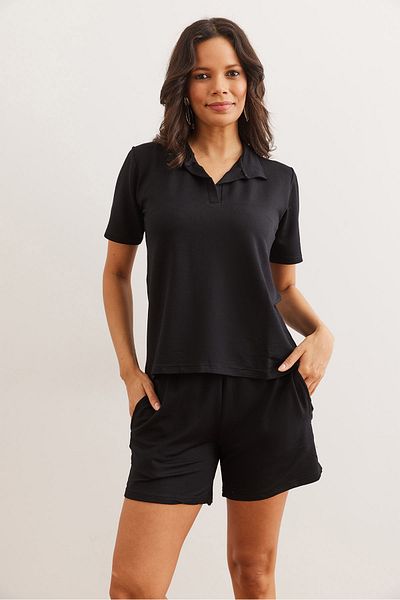 Olalook Women's Black Top Polo Neck Blouse Bottom Pocket Shorts Crystal Suit Tkm- 19000340