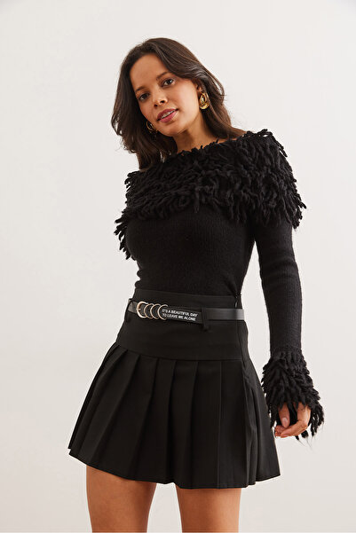 Olalook Női fekete öves rakott szoknya rövidnadrággal ETK- 19000294