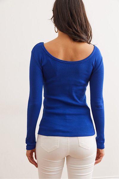 Olalook Blaue Saks-Camisole-Bluse mit weitem Kragen für Damen BLZ- 19000722