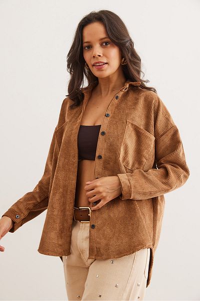 Olalook Women's Milk Coffee Double Pocket Thick Corduroy Shirt Gml- 19001263