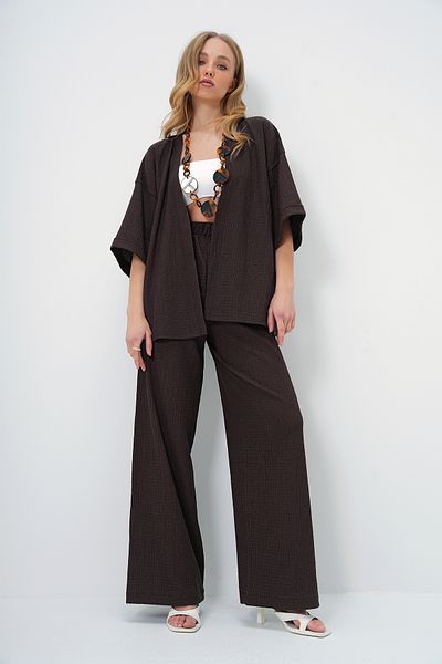 Trend Alaçatı Stili Bitter Brown Women's Summer Kimono and Trousers Set - Double Sleeve and Wrapped Detail Alc-X13466