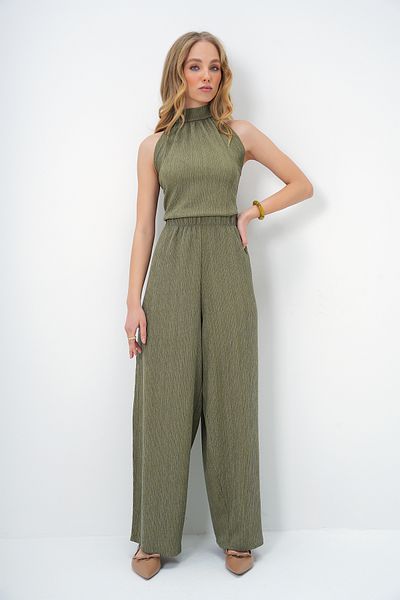 Trend Alaçatı Stili Women's Khaki Textured Stand Collar Blouse and Pants Suit Alc-X13478