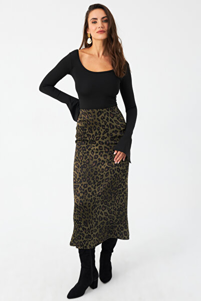 Cool & Modest Khaki Patterned Satin Women's Skirt - Mcar1060