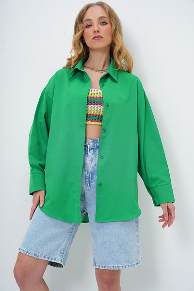 Trend Alaçatı Stili Grünes, langes, gewebtes Oversize-Hemd für Damen ALC-X6828