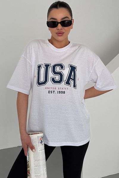 MODAGEN Unisex White Crew Neck Usa Printed Oversize T-Shirt