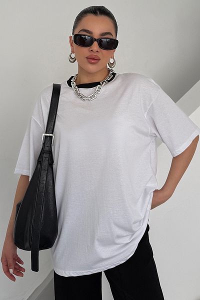 MODAGEN Μπλουζάκι Unisex Λευκό Πλήρωμα Λαιμόκοψη Μαύρο Λεπτομέρεια Μασίφ Oversize T-Shirt