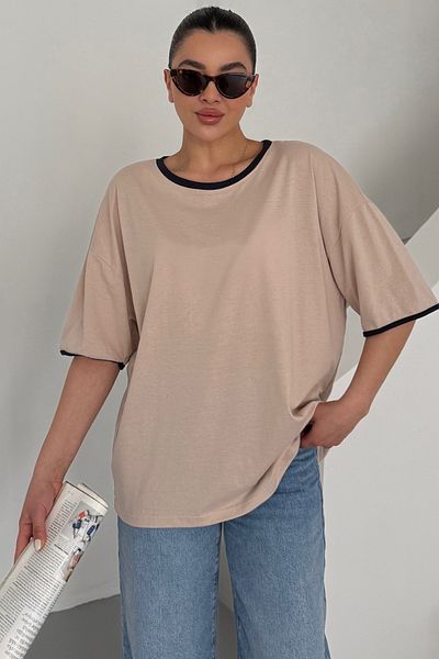 MODAGEN Μπλουζάκι Unisex Beige Crew με γιακά και λεπτομέρεια μανίκι Απλό υπερμεγέθη μπλουζάκι