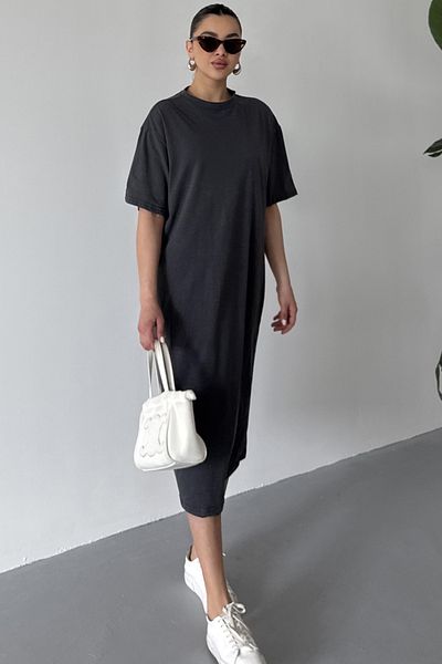 MODAGEN Γυναικείο φόρεμα Anthracite Crew με κοντό μανίκι μίντι μήκους