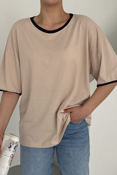 MODAGEN Μπλουζάκι Unisex Beige Crew με γιακά και λεπτομέρεια μανίκι Απλό υπερμεγέθη μπλουζάκι