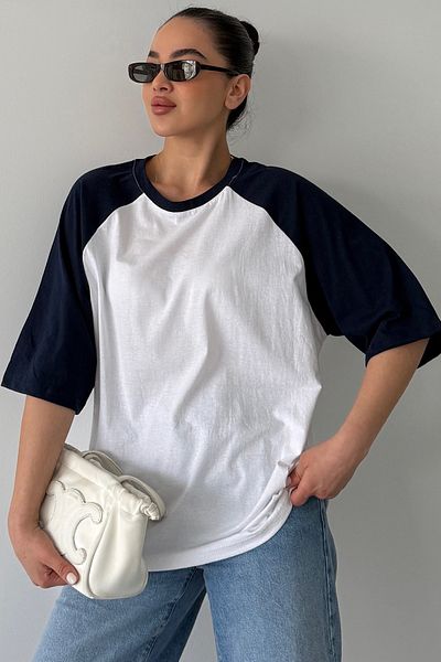 MODAGEN Μπλουζάκι Unisex Λευκό Navy Blue Raglan με μανίκια με λαιμόκοψη μονόχρωμο μπλουζάκι