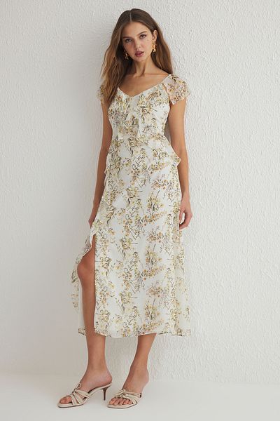 Trendyol Collection Ecru virágos fodros A-vonalú maxi szőtt ruha TWOSS25EL00019