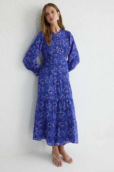 Trendyol Modest Lila bélésű virágos szőtt sifon ruha TCTSS25EB00036