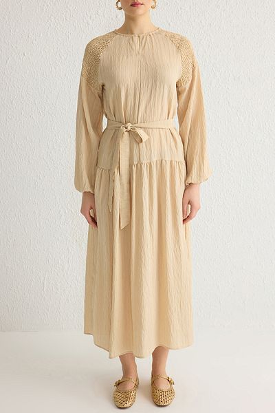 Trendyol Modest Μπεζ ίσιο υφαντό φόρεμα Hijab Aerobin χωρίς επένδυση TCTSS25EB00023